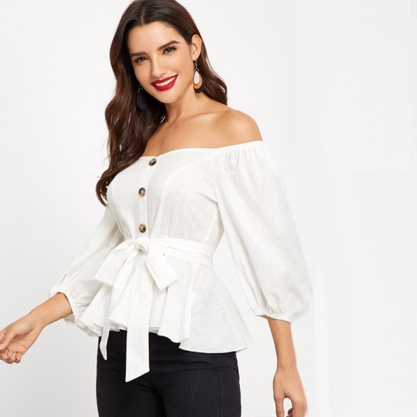 

Self Tie Button Up Off Shoulder Peplum Top, White