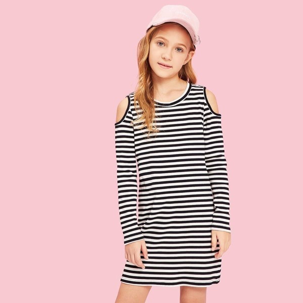 

Girls Cold Shoulder Striped Dress