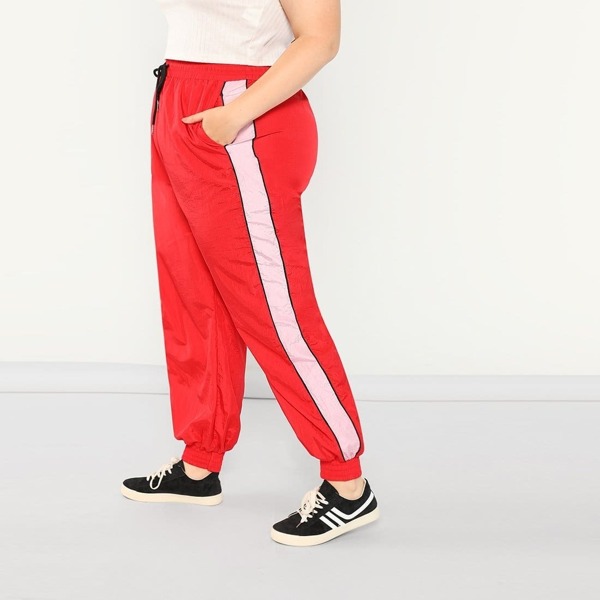 

Plus Drawstring Waist Slant Pocket Windbreaker Jogger, Red