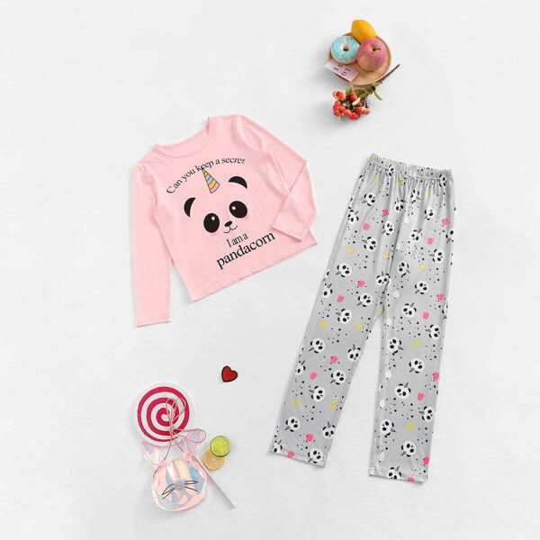 

Girls Panda & Letter Print Pajama Set, Multicolor