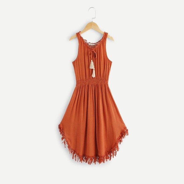 

Girls Frill Neck Lace Trim Curved Hem Dress