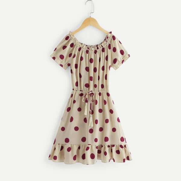 

Girls Off Shoulder Polka Dot Ruffle Dress, Beige