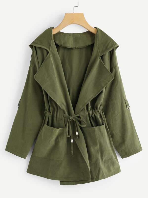 

Plus Drawstring Waist Pocket Detail Solid Coat, Army green