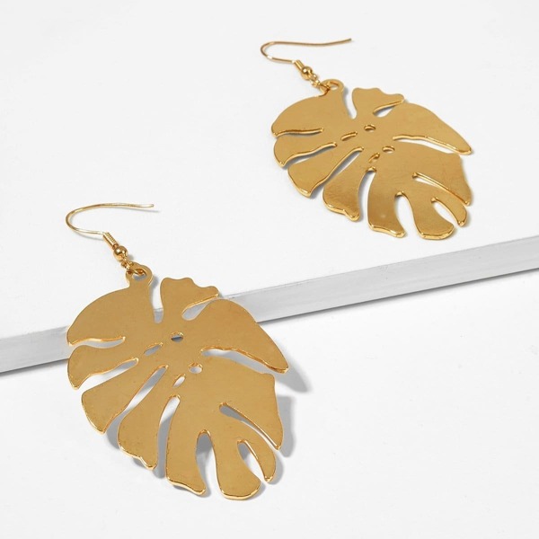 

Tropical Leaf Shaped Metal Drop Earrings 1pair, Gold