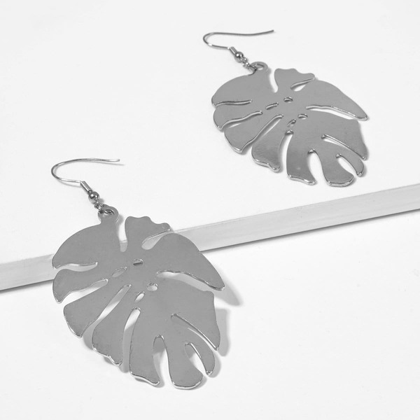 

Tropical Leaf Shaped Metal Drop Earrings 1pair, Silver