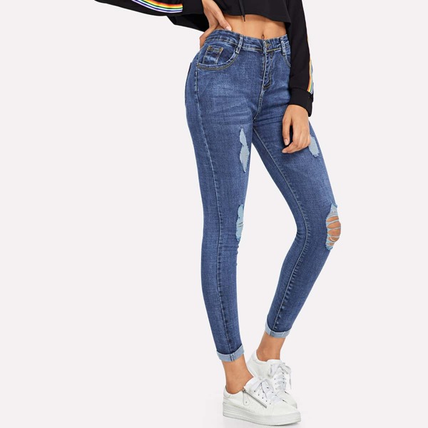 

Roll Up Ripped Jeans, Blue