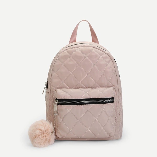 

Pom Pom Decor Quilted Backpack Bag, Pink