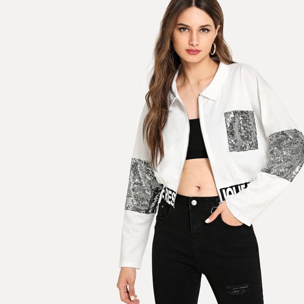

Contrast Sequin Letter Graphic Trim Zip Up Sweatshirt, Beige