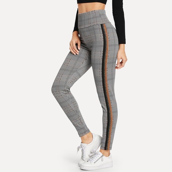 

Wide Waist Contrast Tape Plaid Leggings