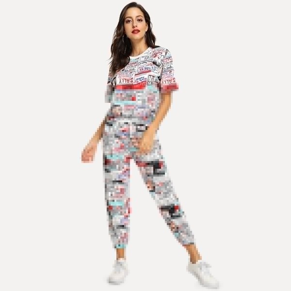 Comic Print Tee & Drawstring Waist Pants