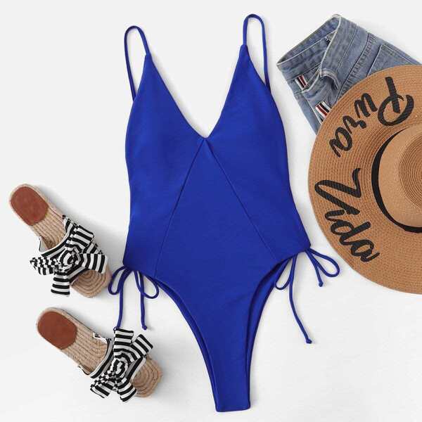 

Plunging Backless Lace-up Side One Piece Swimsuit, Blue