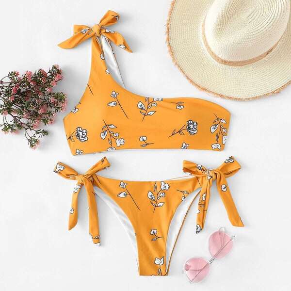 

Floral One Shoulder Top With Tie Side Bikini