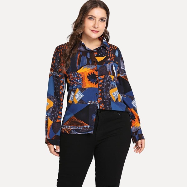

Plus Abstract Print Collar Blouse