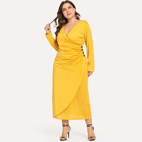 

Plus Surplice Front Solid Dress, Yellow