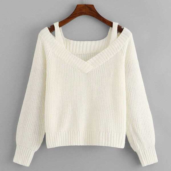 

Cold Shoulder V Neck Sweater, White