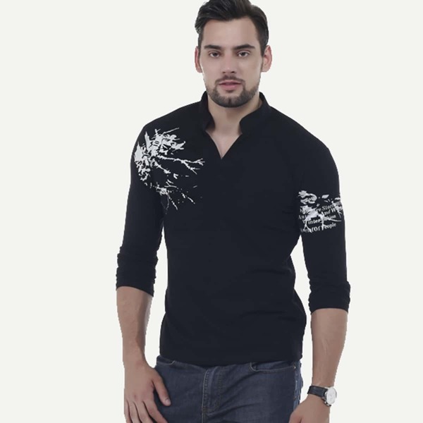 

Men Letter Print V Neck Tee, Black