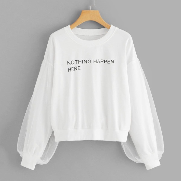 

Slogan Graphic Contrast Mesh Sweatshirt, White