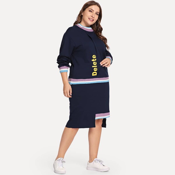 

Plus Letter Print Sweater With Asymmetric Hem Skirt