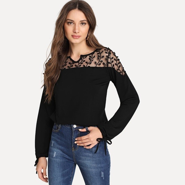 

Tree Embroidered Mesh Yoke Tie Cuff Top