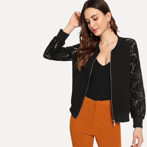 

Lace Insert Sleeve Zip Up Jacket, Black