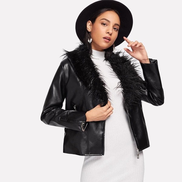 

Faux Fur Contrast Zip PU Jacket