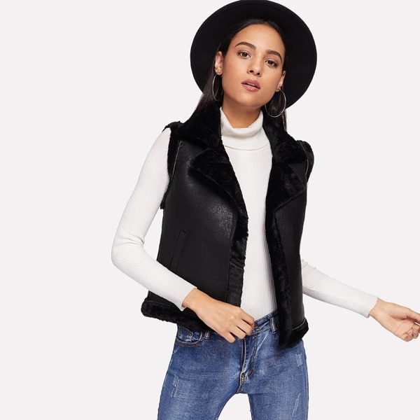 

Faux Fur Contrast Solid PU Jacket