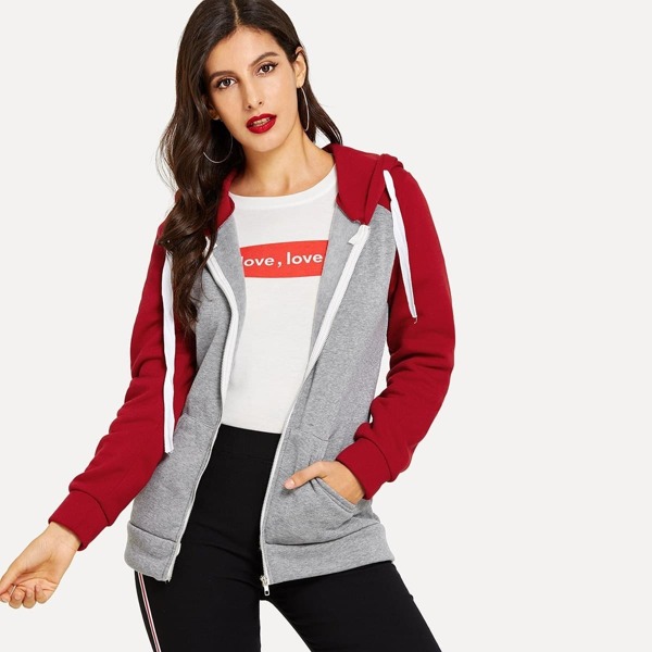 

Contrast Color Zip Up Hooded Jacket, Multicolor