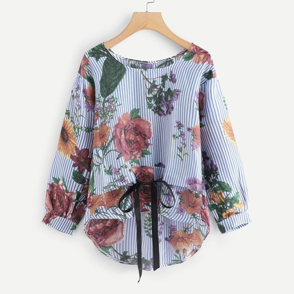 

Knot Front Striped Dip Hem Blouse