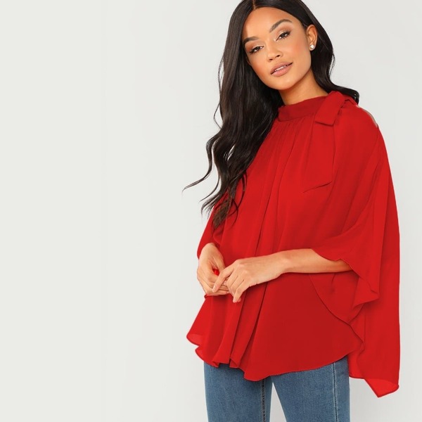 

Tied Shoulder Chiffon Poncho Top