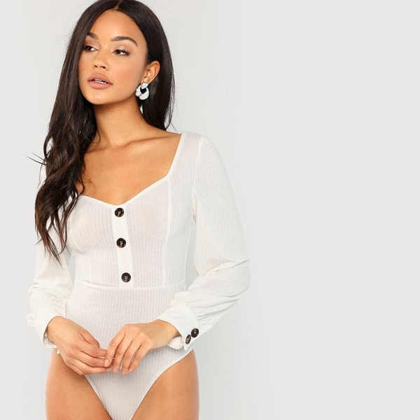 

Button Detail Rib Knit Fitted Bodysuit