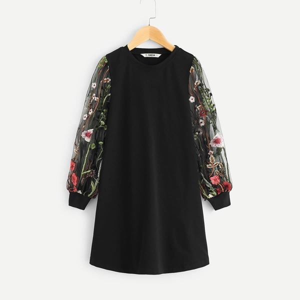 

Girls Mesh Embroidered Sleeve Tunic Dress, Black