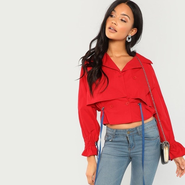 

Drawstring Detail Double Layer Jacket, Red