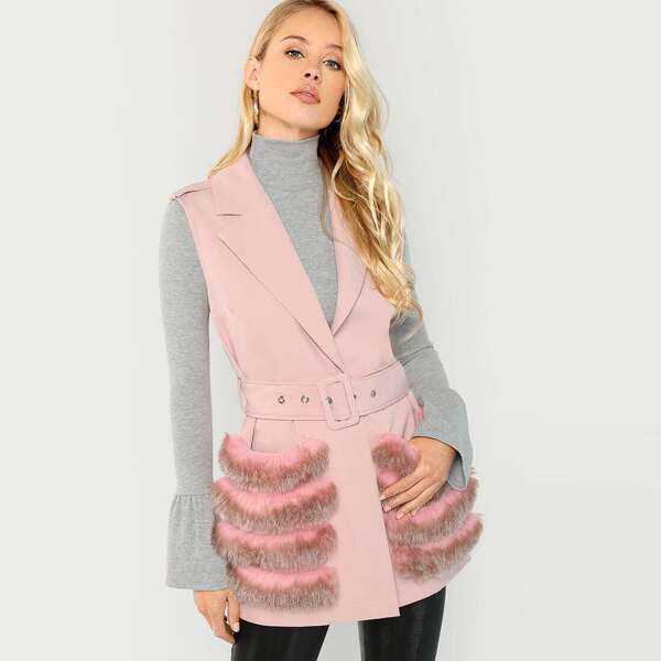 

Faux Fur Detail Self Belted Vest Coat