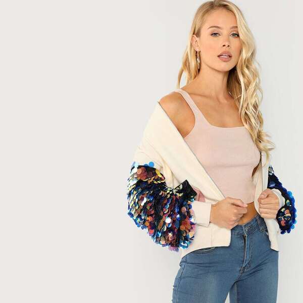 

Contrast Sequin Sleeve Pocket Front Jacket, Beige