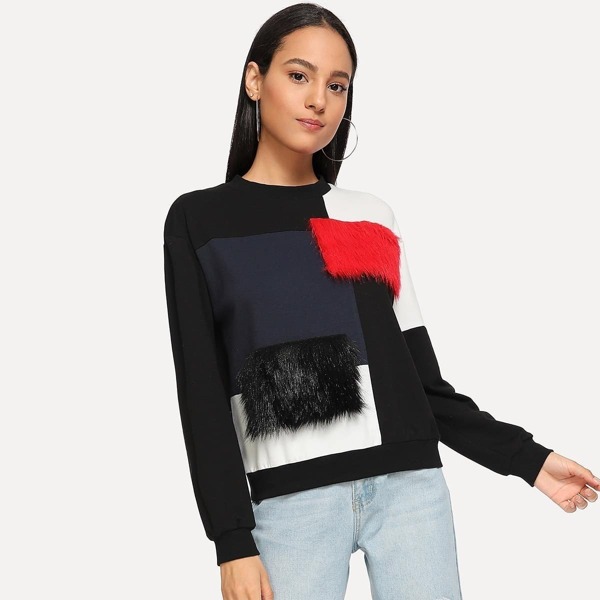 

Cut and Sew Faux Fur Sweatshirt, Multicolor
