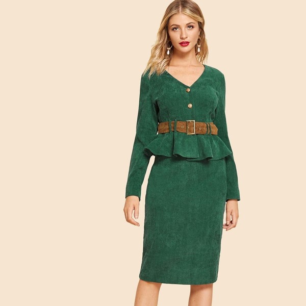 

Button Up Belted Top & Skirt Set