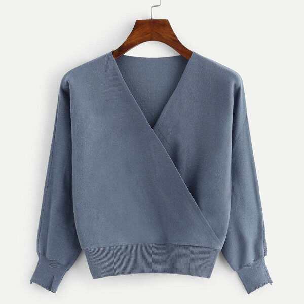 

Surplice Neck Knit Sweater, Dusty blue
