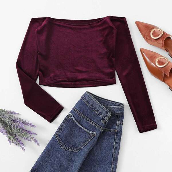 

Off Shoulder Velvet Tee, Burgundy