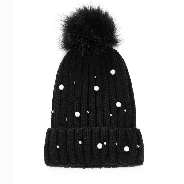 

Pompom & Faux Pearl Decorated Beanie Hat
