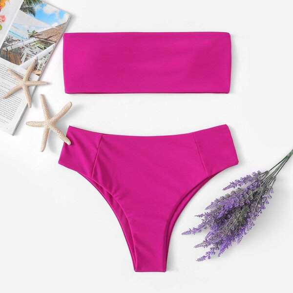 

Neon Pink Bandeau With High Cut Bikini Set, Pink bright
