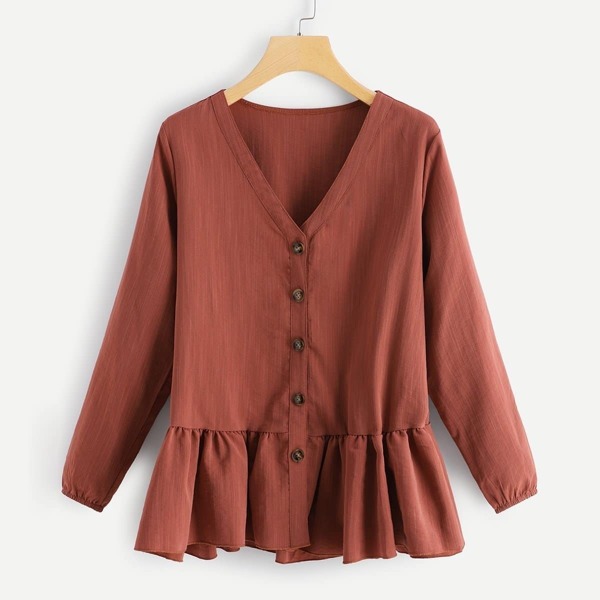 

Plus Solid Button Decoration Ruffle Hem Blouse, Red