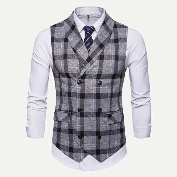 

Men Plaid Double Breasted Pointed Hem Vest, Grey
