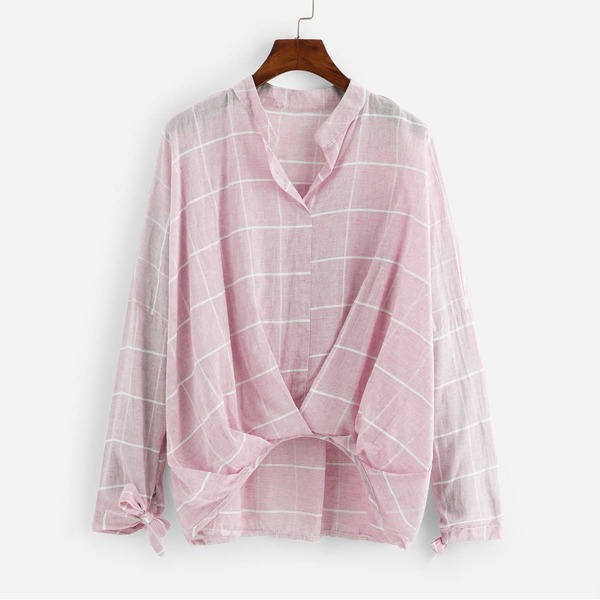 

Asymmetrical Plaid Knot Sleeve Blouse