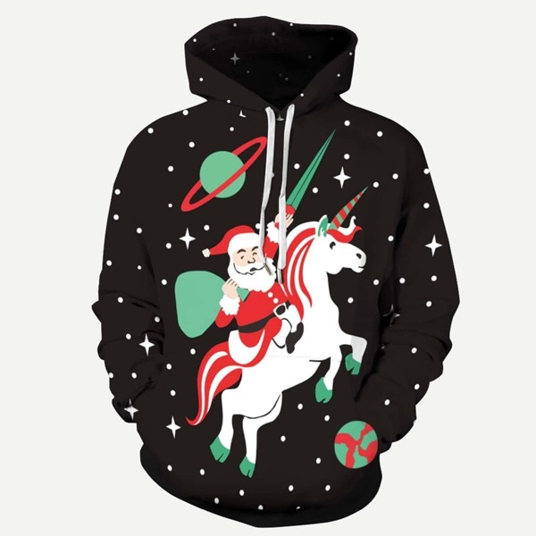 

Men Christmas New Year Random Santa Claus Print Hooded Sweatshirt, Black