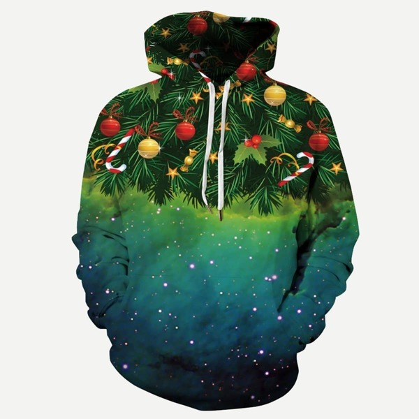 

Men Christmas New Year Tree Print Hooded Sweatshirt, Multicolor