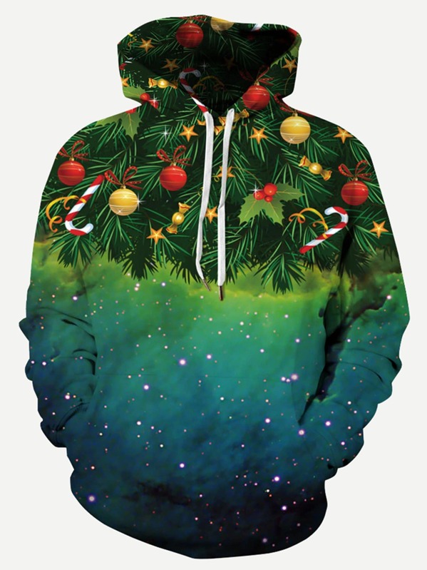 

Men Christmas New Year Tree Print Hooded Sweatshirt, Multicolor