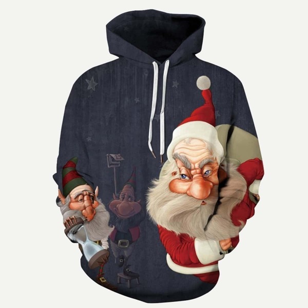 

Men Christmas New Year Santa Claus Print Hooded Sweatshirt, Navy