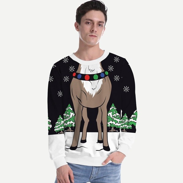 

Men Crew Neck Christmas New Year Elk Print Sweatshirt, Multicolor
