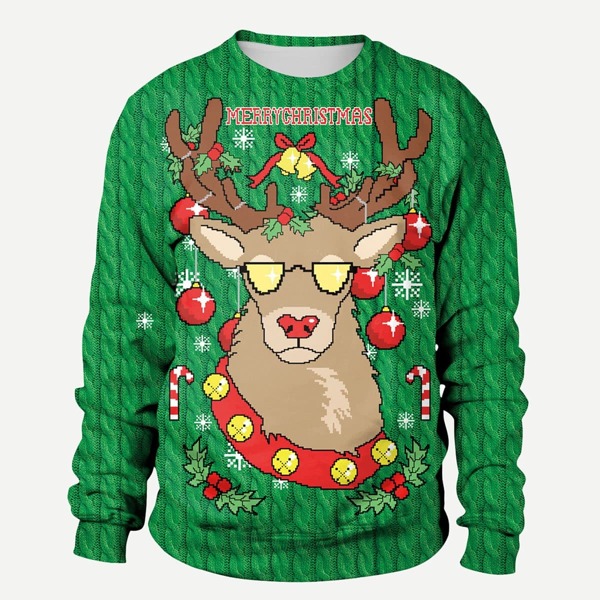 

Men Crew Neck Christmas New Year Elk Print Sweatshirt, Green