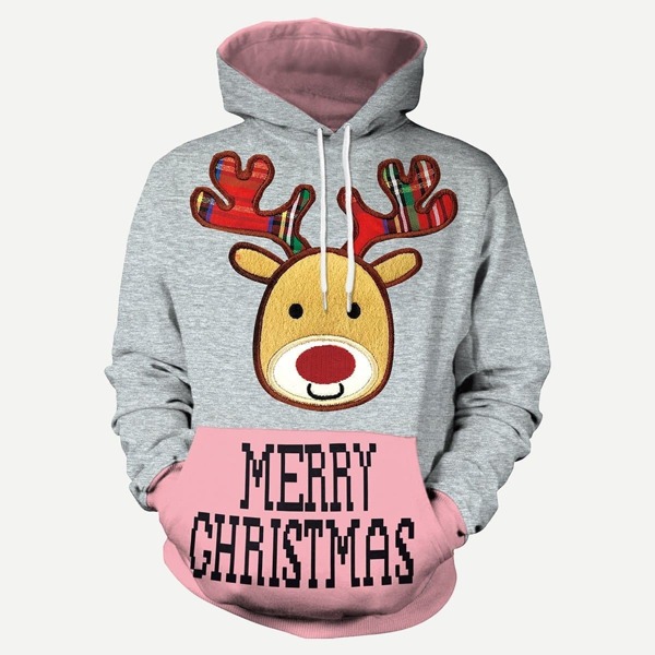 

Men Christmas New Year Patched Letter Print Hooded Sweatshirt, Multicolor